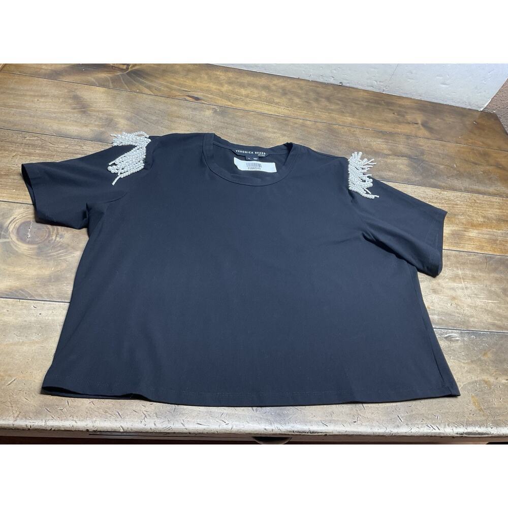 VERONICA BEARD Womens Rumia Fringe Trim Tee Top Size XL Black Pearl Beaded